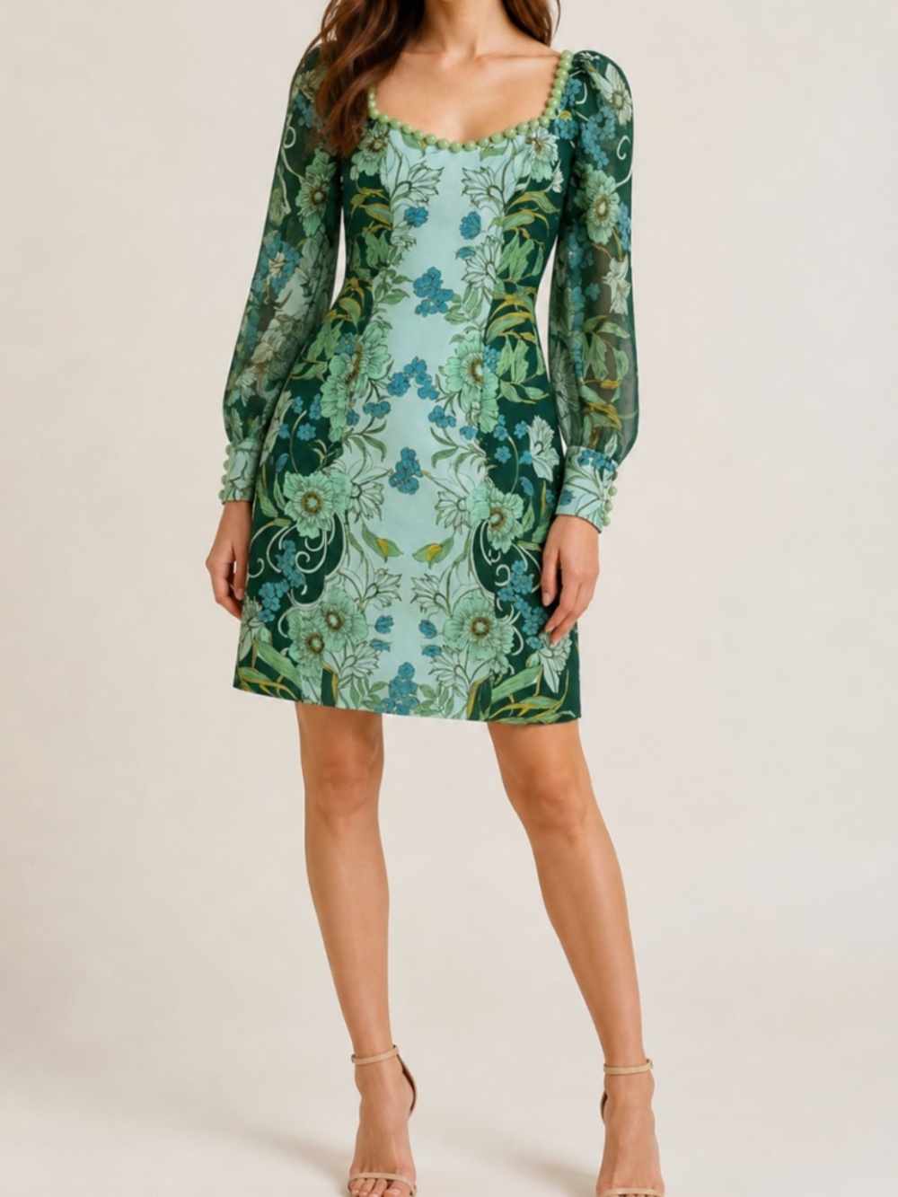Boston Proper Green and Blue Floral Long Sleeve Dress
